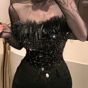 Black Party Women's Prom Dress Long Sleeve Textured Top with Sequin Glitter